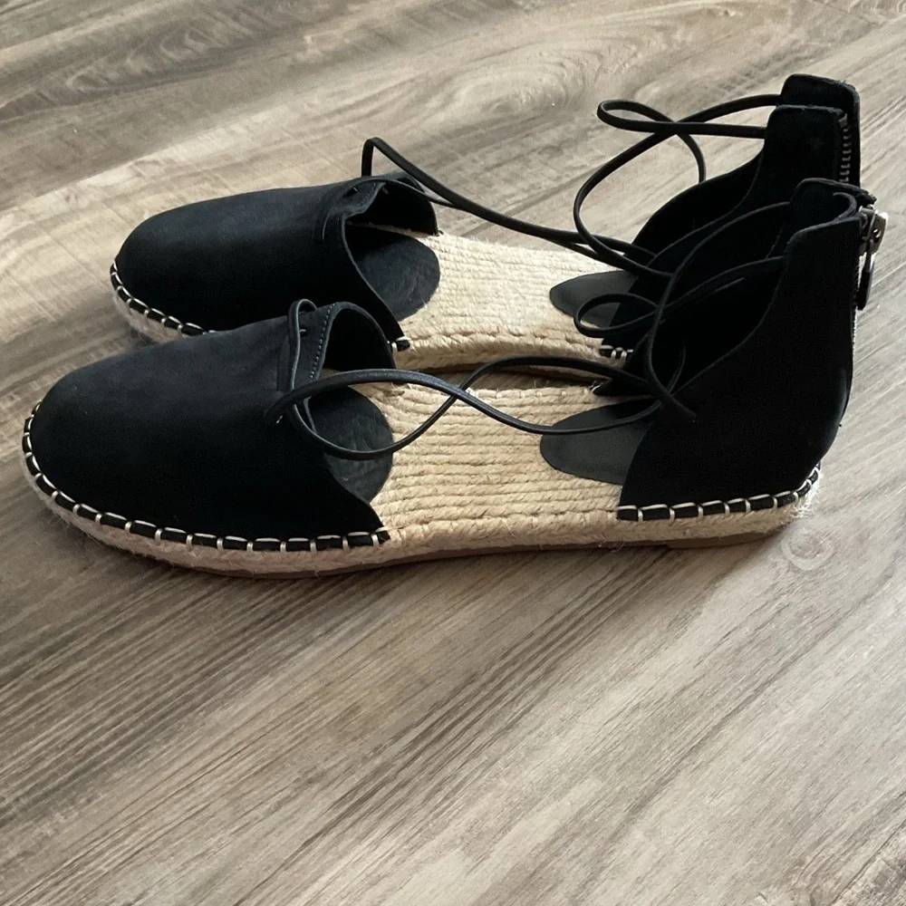 Eileen Fisher Black Suede Espadrille Lace Up Flat Shoes 8.5